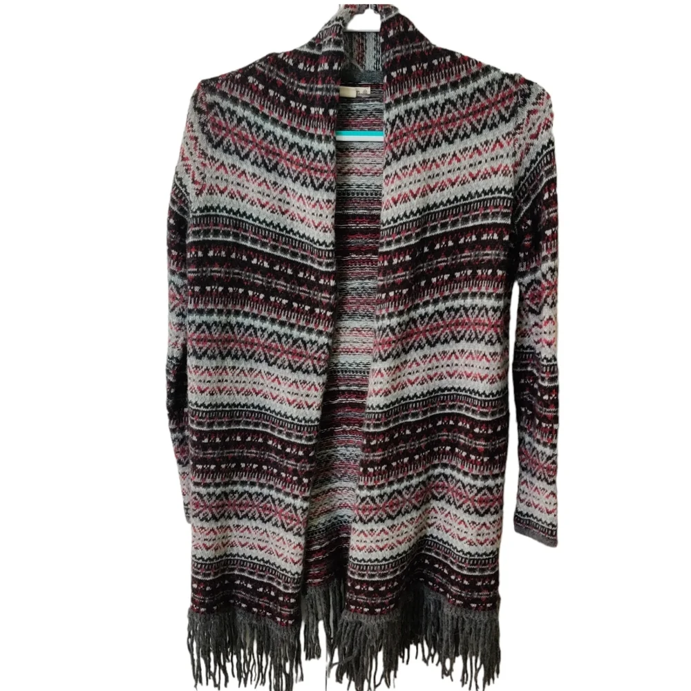 Ruff Hewn Fair Isle Open Wool Blend Petite Alpaca Mohair Fringe Cardigan EUC SP